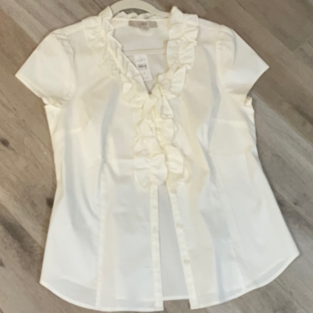 LOFT Ivory Ruffle Front Blouse